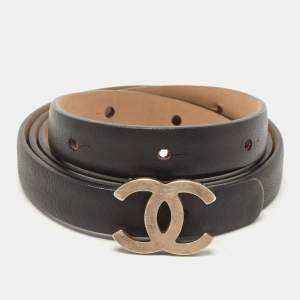 Chanel Black Leather CC Logo Reversible Slim Belt 85CM