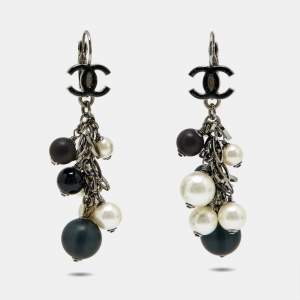 Chanel White Faux Pearl & Black Beads CC Dangle Earrings