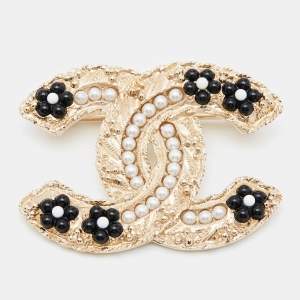 Chanel CC Faux Pearl Glass Enamel Gold Tone Brooch