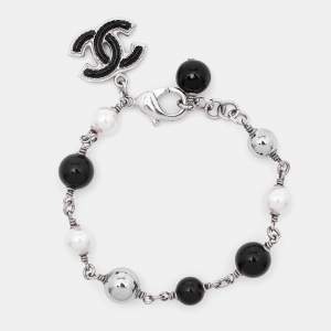 Chanel CC Enamel Faux Pearl Beads Silver Tone Bracelet