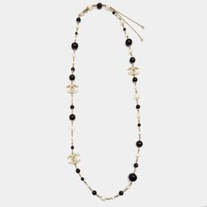 Pre Owned Chanel CC Faux Pearl Black Beads Enamel Gold Tone  Necklace