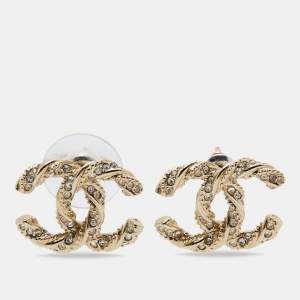 Pre Owned Chanel CC Crystal Twisted Gold Tone Earrings