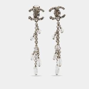 Chanel CC Crystals Silver Tone Drop Earrings