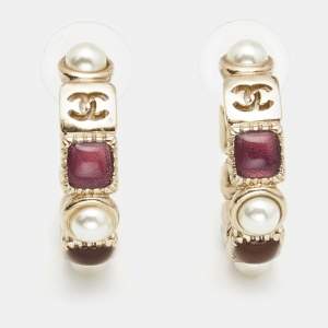 Chanel CC Resin Faux Pearl Gold Tone Hoop Earrings