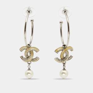 Chanel CC Crystal Enamel Faux Pearl Silver Tone Earrings