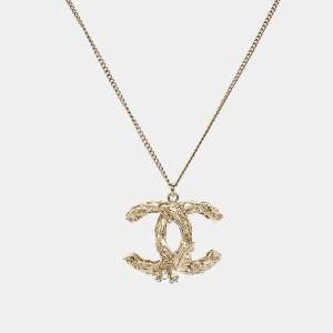 Chanel CC Crystals Gold Tone Metal Pendant Necklace