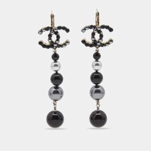 Pre Owned Chanel CC Black  Beads Faux Pearl Gold Tone Earrings