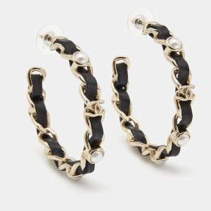 Pre Owned Chanel CC Leather Faux Pearl Gold Tone Earrings