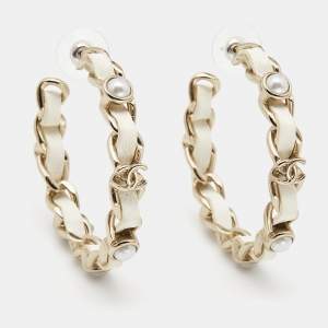 Pre Owned Chanel CC Leather Faux Pearl Gold Tone Earrings