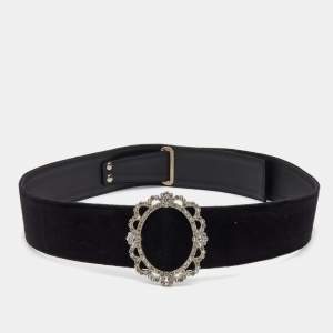 Chanel Black Velvet and Leather Crystals Round Buckle Waist Belt 90CM