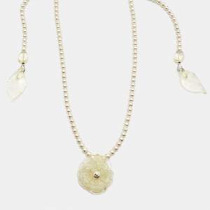 Pre Owned Chanel CC Camelia Plastic Faux Pearl Silver Tone Necklace