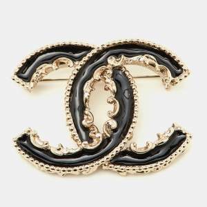 Chanel Black Enamel Gold Tone CC Baroque Pin Brooch