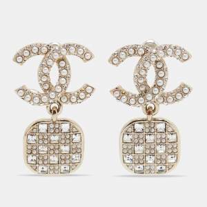 Chanel CC Crystal Faux Pearl Gold Tone Earrings