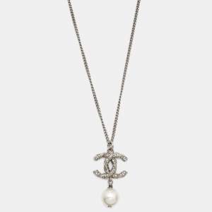Chanel CC Crystals Faux Pearl Silver Tone Necklace