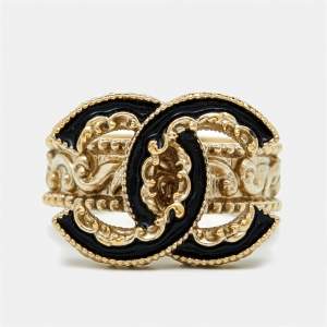 Chanel CC Black Enamel Gold Tone Cocktail Ring Size 52