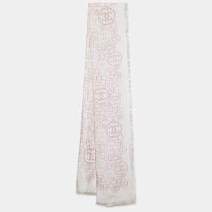 Pre Owned Chanel Off White Logo Printed Silk Fringed Scarf