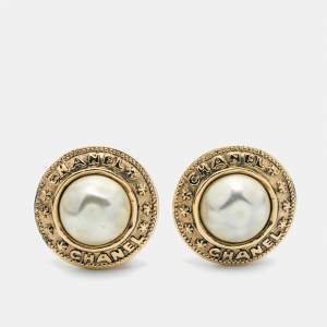 Chanel Vintage Faux Pearl Gold Plated Round Clip-on Stud Earrings