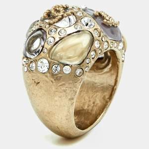 Pre Owned Chanel CC Crystal  Gripoix Enamel Gold Tone Cocktail Ring Size 54