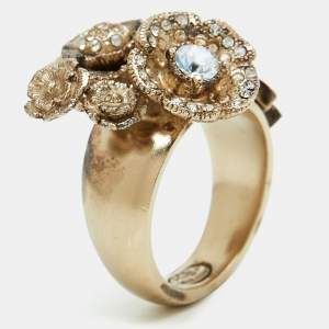 Chanel CC Crystal Camellia Cluster Gold Tone Ring  Size 52