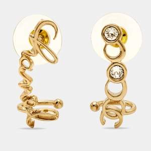 Chanel Coco Script Crystal Gold Tone Climber Earrings 
