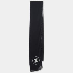 Pre Owned Chanel Black CC Logo Embroidered Cashmere and Silk Knit Scarf