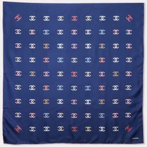 Chanel Navy Blue All-over CC Print Silk Square Scarf