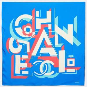 Chanel Blue Geometric Logo Print Silk Square Scarf