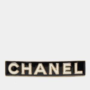 Pre Owned Chanel Logo Bi-color Enamel Gold Tone Hair Clip Barrette