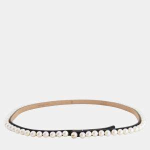 Chanel White Pearls Leather Black Belt with Gold CC Logo Detail Size 75cm