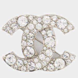 Chanel Silver Large CC Logo Crystal Brooch