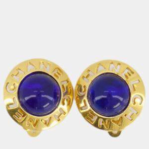 Chanel Vintage Yellow Gold with Blue Pearl Round Clip-On Earrings with CC Logo