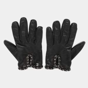 Chanel Black Leather Chain CC Gloves Size 8.5