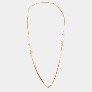 Chanel CC Faux Pearl Gold Tone Chain Link Long Station Necklace