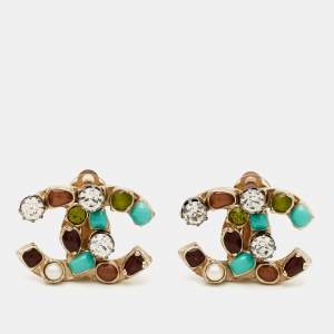 Chanel CC Embellished Crystal Faux Pearl Resin Two Tone Earriings