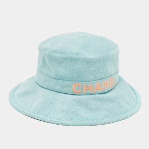 Pre Owned Chanel Light Blue CC Embroidered Denim Cloche Sun Bucket Hat S