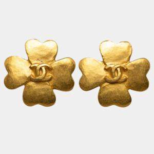 Chanel Gold Plated CC Clover Stud Earrings