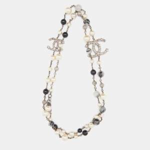 Chanel Silver Tone Faux Pearl & Beaded Star CC Long Necklace