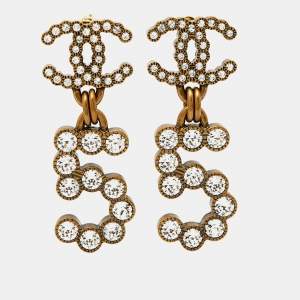 Pre Owned Chanel CC No. 5 Crystals Gold Tone Earrings