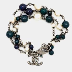 Chanel CC  Beads Enamel Faux Pearl Gunmetal Tone Bracelet