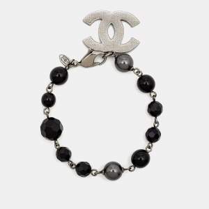 Chanel CC Faux Pearl Beads Gunmetal Tone Bracelet