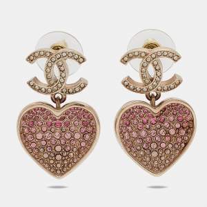 Chanel CC Resin Crystals Gold Tone Heart Drop Earrings