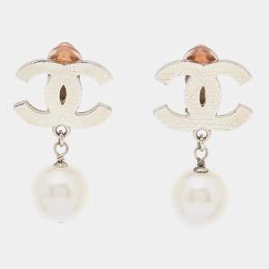 Chanel CC Faux Pearl Silver Tone Earrings