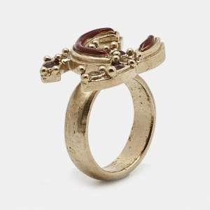 Pre Owned Chanel CC Enamel Gold Tone Ring Size 52