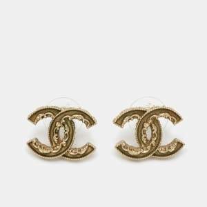Chanel CC Enamel Gold Tone Earrings