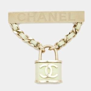 Pre Owned Chanel CC Lock Leather Gold Tone Brooch