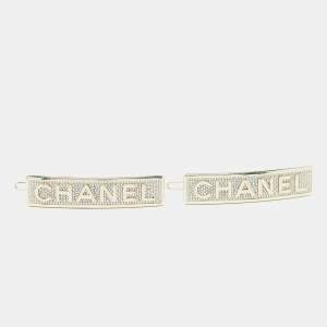 Chanel Logo Crytsals Gold Tone Hair Clips