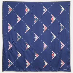 Chanel Navy Blue Geometric Logo Print Silk Scarf