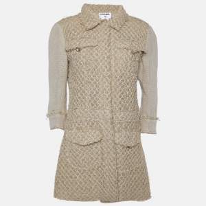 Chanel Beige Textured Linen Blend Coat L