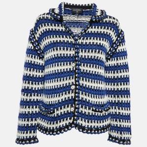 Chanel Blue Linen Rib Knit Button Front Jacket M