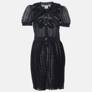 Chanel Black Patterned Knit Neck Tie Detailed Short Dress M